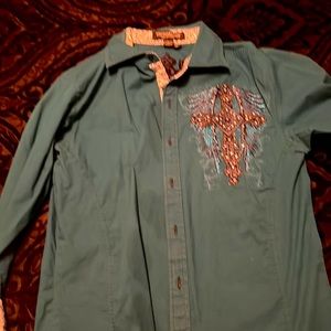 Green victorious button down shirt.Embroidered cross with jewels.